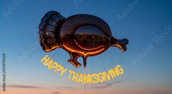 Fototapeta A turkey shaped balloon with happy thanksgiving letters floating in the sky during sunset time light