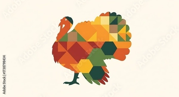 Fototapeta Geometric turkey illustration with triangles hexagons and squares in autumn colors on an off white background