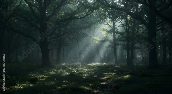 Fototapeta Sunlight Filtering Through Dense Tree Canopy in a Tranquil Forest Scene