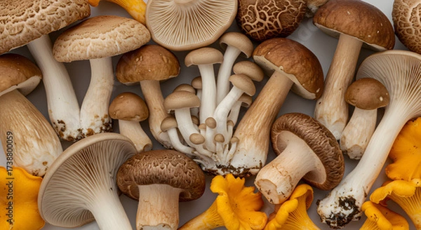 Fototapeta Vibrant Assortment of Various Mushrooms Including Yellow Chanterelles and Brown Shiitakes on White Background