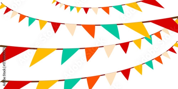 Fototapeta Festive flag garland vector illustration. Retro bunting in simple flat style, isolated on white background. Carnival, birthday, circus border decoration.