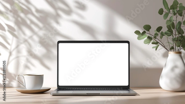 Fototapeta 柔らかな自然光と影が演出する、花瓶と観葉植物が彩る静かなデスク空間、ノートパソコンが置かれたナチュラルモダンな室内のワークスペース、シンプルライフを感じる構図