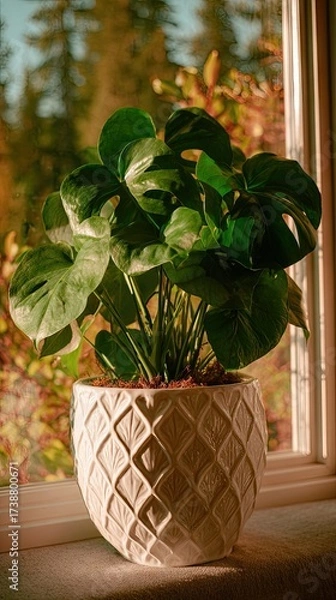 Fototapeta Lush, tropical houseplant in ornate pot on a sunlit windowsill with blurred autumn backdrop