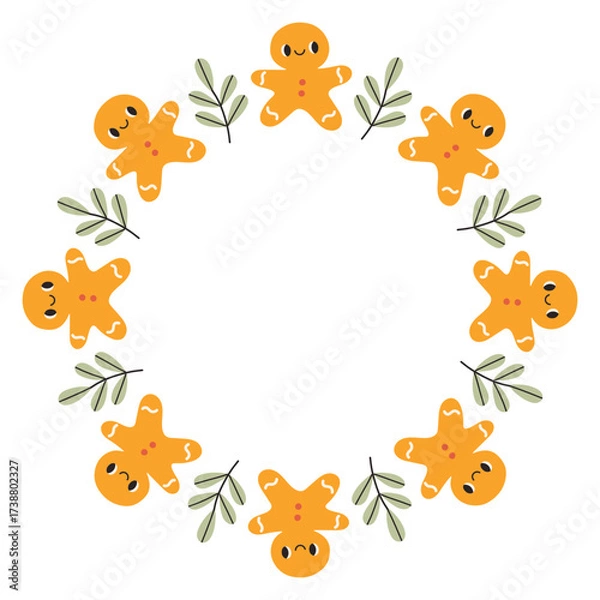 Fototapeta A festive round frame with gingerbread man cookie. The simple vector design perfect for Christmas and New Year decorations or holiday greetings.