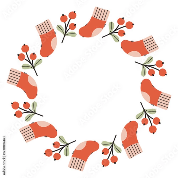 Fototapeta A festive round frame with red berries and red socks. The simple vector design perfect for Christmas and New Year decorations or holiday greetings.