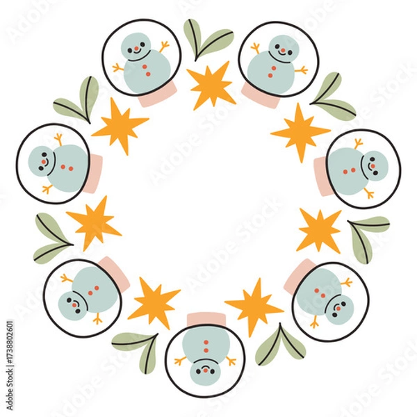 Fototapeta A festive round frame with snow globe and stars. The simple vector design perfect for Christmas and New Year decorations or holiday greetings.