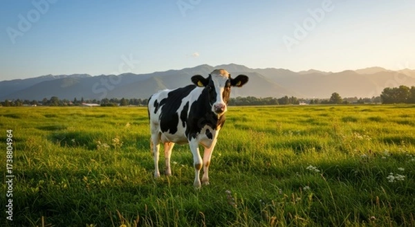 Obraz Domestic cow standing on farmland, symbol of agriculture, livestock, and rural life, perfect for farming, dairy, and nature themes.