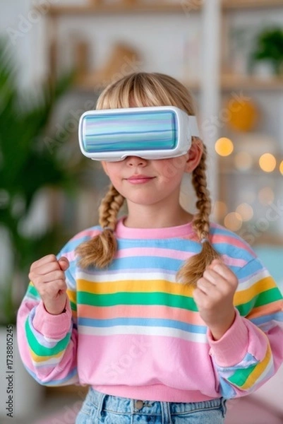 Fototapeta Happy girl with VR headset and colorful sweater playing in digital world, bright futuristic background, great for mockup, poster, banner, background