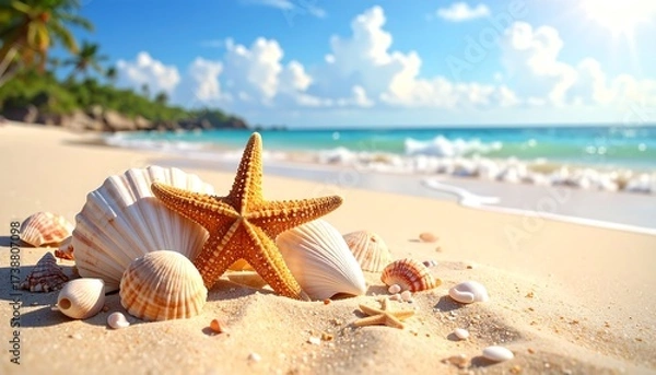 Fototapeta Beautiful Beach Scene Featuring Starfish, Shells, and Ocean Waves under a Blue Sky