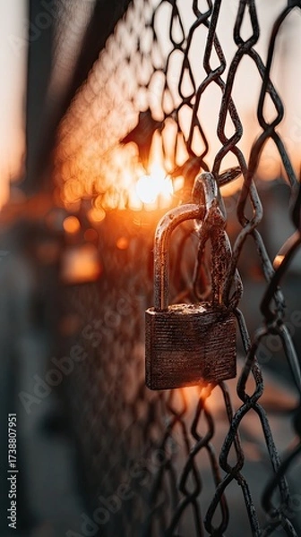 Obraz A weathered padlock hangs on a chain-link fence with a warm sunset visible in the background