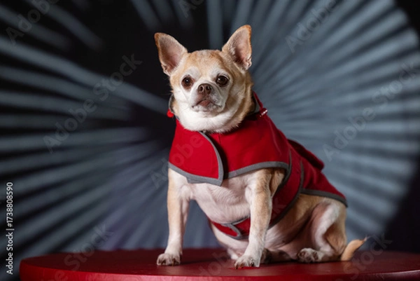 Fototapeta Small chihuahua puppy dressed in a red raincoat, highlighted by bright light in the background.