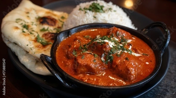 Fototapeta A beautifully presented dish showcases an appealing culinary composition, featuring tender chicken pieces enveloped in a rich, vibrant orange sauce, complemented by fluffy white rice and soft,...