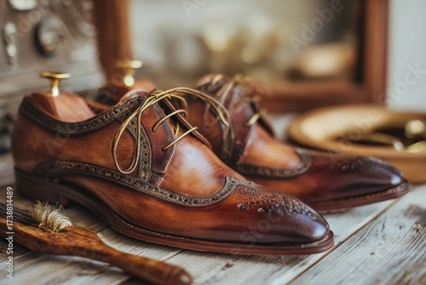 Fototapeta Detailed shot of polished brown leather dress shoes with intricate detailing and wooden shoe forms