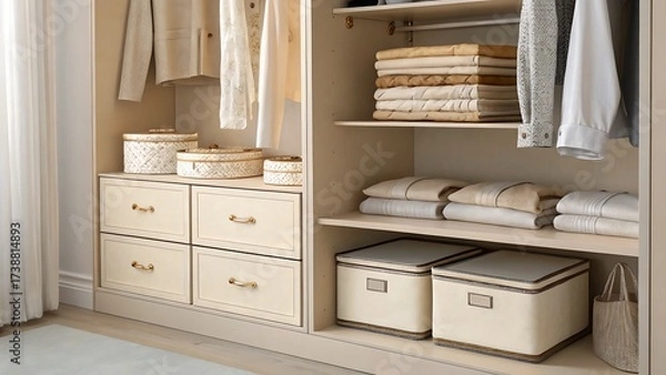 Fototapeta Interior view of a closet with drawers and shelves holding items