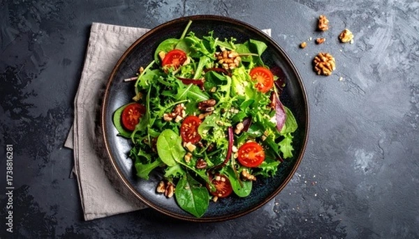 Fototapeta Overhead Shot of Fresh Green Salad with Red Tomatoes Walnuts and Sesame Seeds on Dark Plate Gray Tablecloth and Dark Textured Background