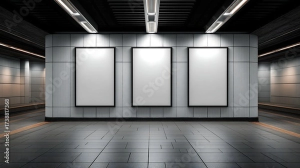 Fototapeta Three Blank Vertical Billboard Mockups in Subway Station for Advertisement Campaign and Brand Presentation
