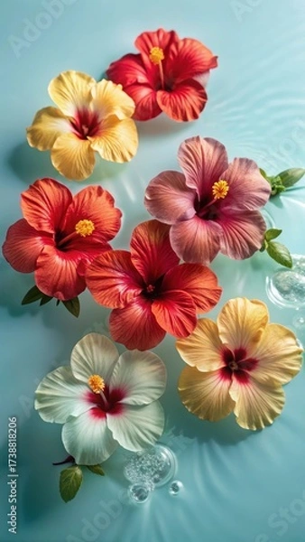 Fototapeta Vibrant Red and Yellow Hibiscus flowers floating on calm blue waters surrounded by lush greenery