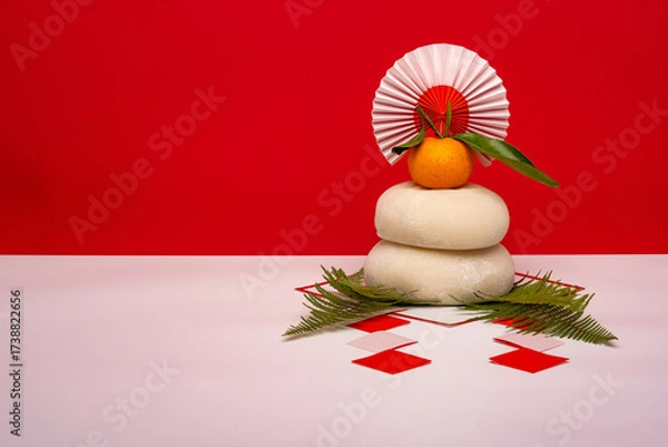 Fototapeta 本物のお餅“鏡餅"を左側に配置した写真　紅白背景　三宝(台座)なし
