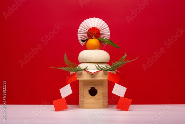 Fototapeta 本物のお餅“鏡餅"を中央に配置した写真　赤背景　三宝(台座)あり