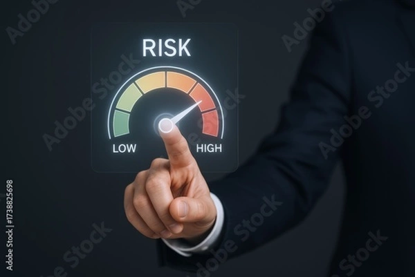 Fototapeta Assessing Investment Risk: Businessman's Hand Interacting with a Digital Risk Gauge Displaying Low to High