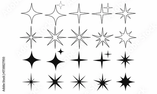 Fototapeta Set of sparkle starburst icons in outline and solid style. Collection of shining light, twinkle, glowing star shapes for decoration, highlights, logo, and design elements.
