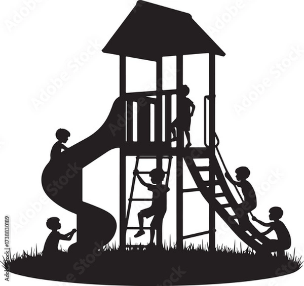 Fototapeta Black silhouette of children playing on a playground slide