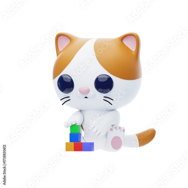Obraz Cat Character stacking toy blocks 3D Illustration.