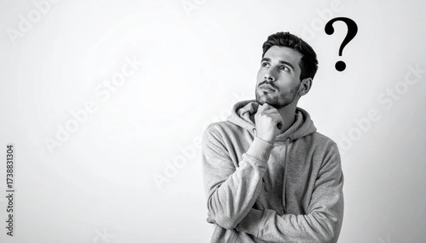 Obraz Pondering Questions: A contemplative man looks up in thought with question marks hovering, capturing moments of deep reflection and pondering