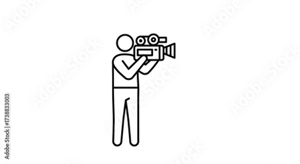 Fototapeta Simple line drawing of a person filming with a vintage video camera, capturing footage.