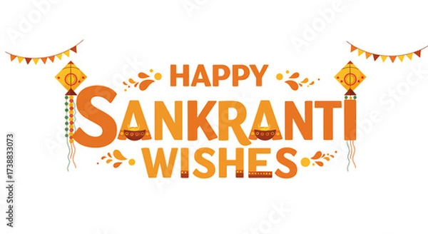 Fototapeta Festive "Happy Sankranti Wishes" text design with decorative kites and elements on white background.
