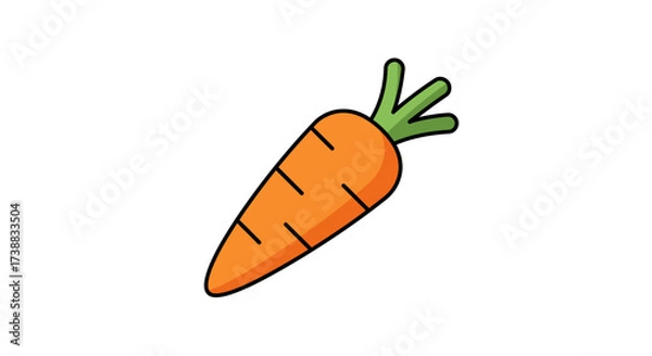 Fototapeta Cartoon illustration of a bright orange carrot with green leafy top, isolated on a white background.