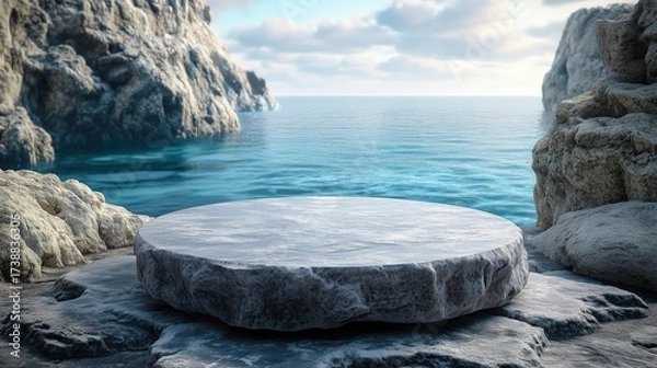 Fototapeta A minimalist stone podium stands on clean sand against a soft background