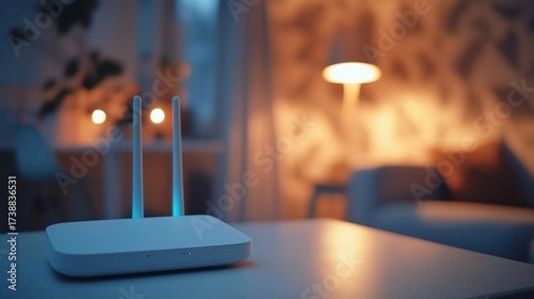 Fototapeta A white Wi-Fi router with three antennas stands on a wooden desk, symbolizing home internet and smart connectivity.