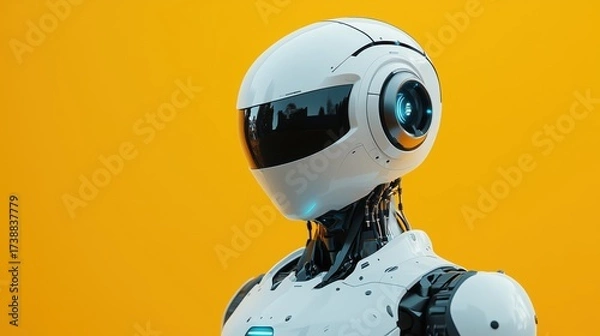 Fototapeta A white robot with a camera eye stands against a yellow background.