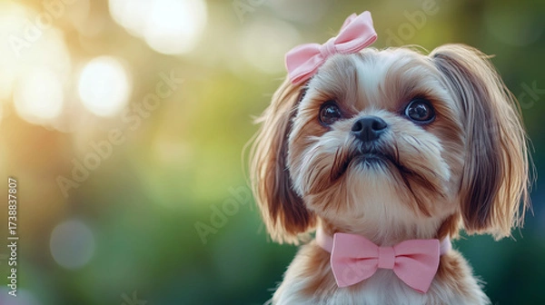 Fototapeta A small dog with a pink bow looks directly at the camera, exuding cuteness.