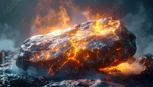 Fototapeta Large flaming rock rests on dark ground