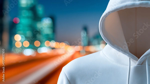 Fototapeta An urban evening scene featuring a close-up of a white hoodie, symbolizing modern fashion and street culture against city lights.