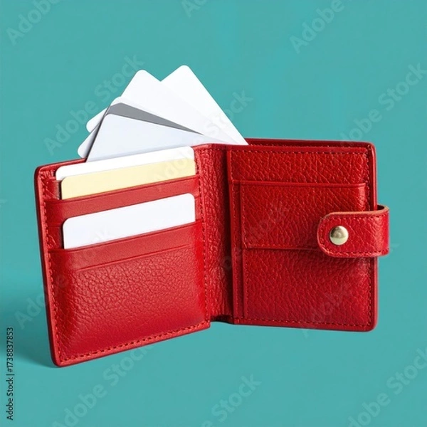 Fototapeta Open red wallet with cards on blue