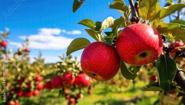 Fototapeta Ripe red apples on a tree branch