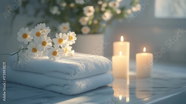 Fototapeta A serene spa setting with folded towels, lit candles, and white daisies.