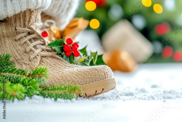 Fototapeta Cozy winter footwear adorned with holly, capturing the festive spirit of the holiday season in a serene setting.