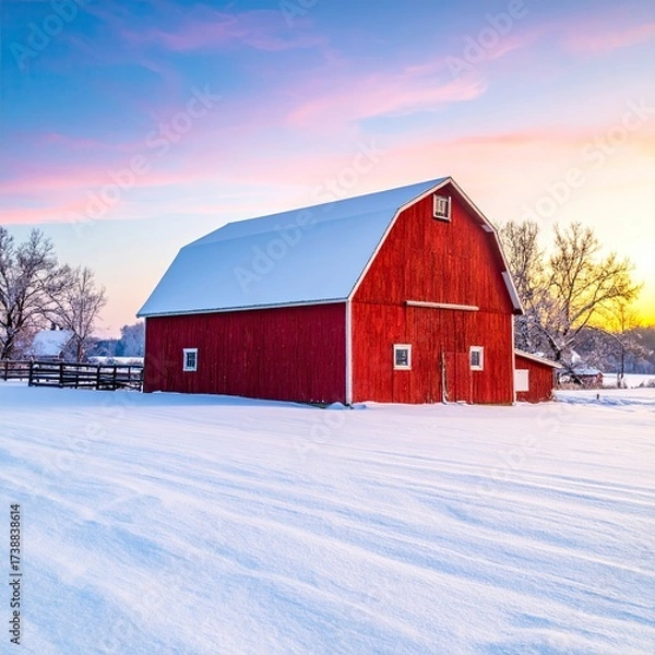 Fototapeta Snowy field with a red barn at sunset