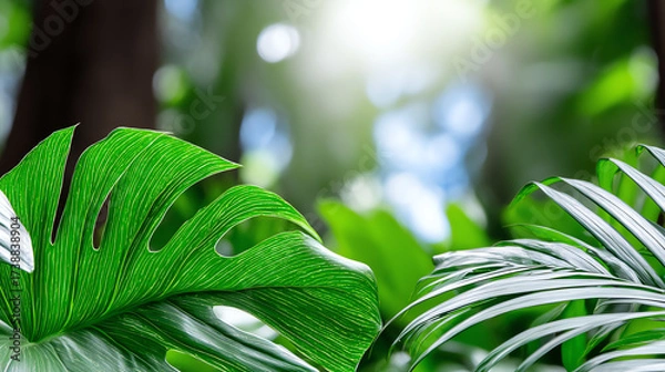 Fototapeta Lush green leaves basking in soft sunlight, creating a vibrant and tranquil atmosphere in a tropical setting.