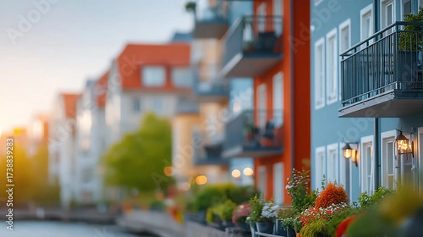 Fototapeta Vibrant residential buildings line the water's edge, showcasing balconies adorned with colorful plants and a serene atmosphere.