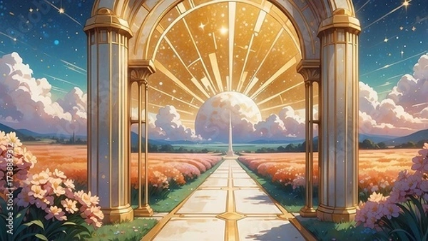 Fototapeta ゲーム背景　キラキラ天国の門の入口扉風景