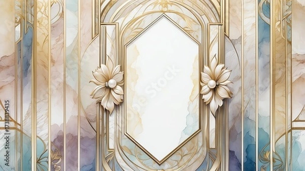 Fototapeta ラグジュアリーな大理石と真珠貝モチーフ金アールデコ壁紙