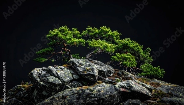 Fototapeta Windswept tree on rocky outcrop, moody