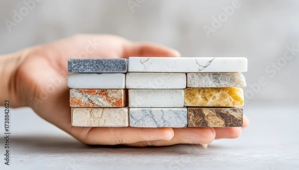 Fototapeta Hand holding stack of various stone samples, showcasing different textures and colors