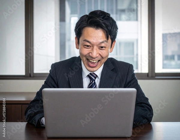 Fototapeta ノートパソコンを見て大喜びのビジネスマン