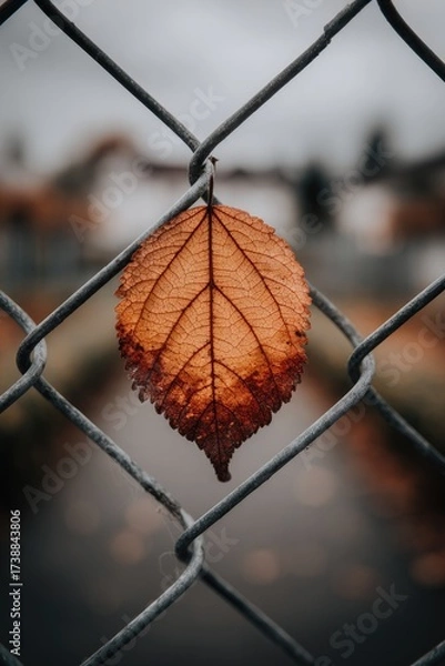 Fototapeta A lone, autumnal leaf caught in the diamond pattern of a chain-link fence